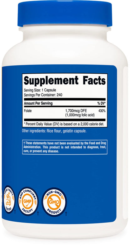 Cápsulas ácido fólico Nutricost 1000 mcg