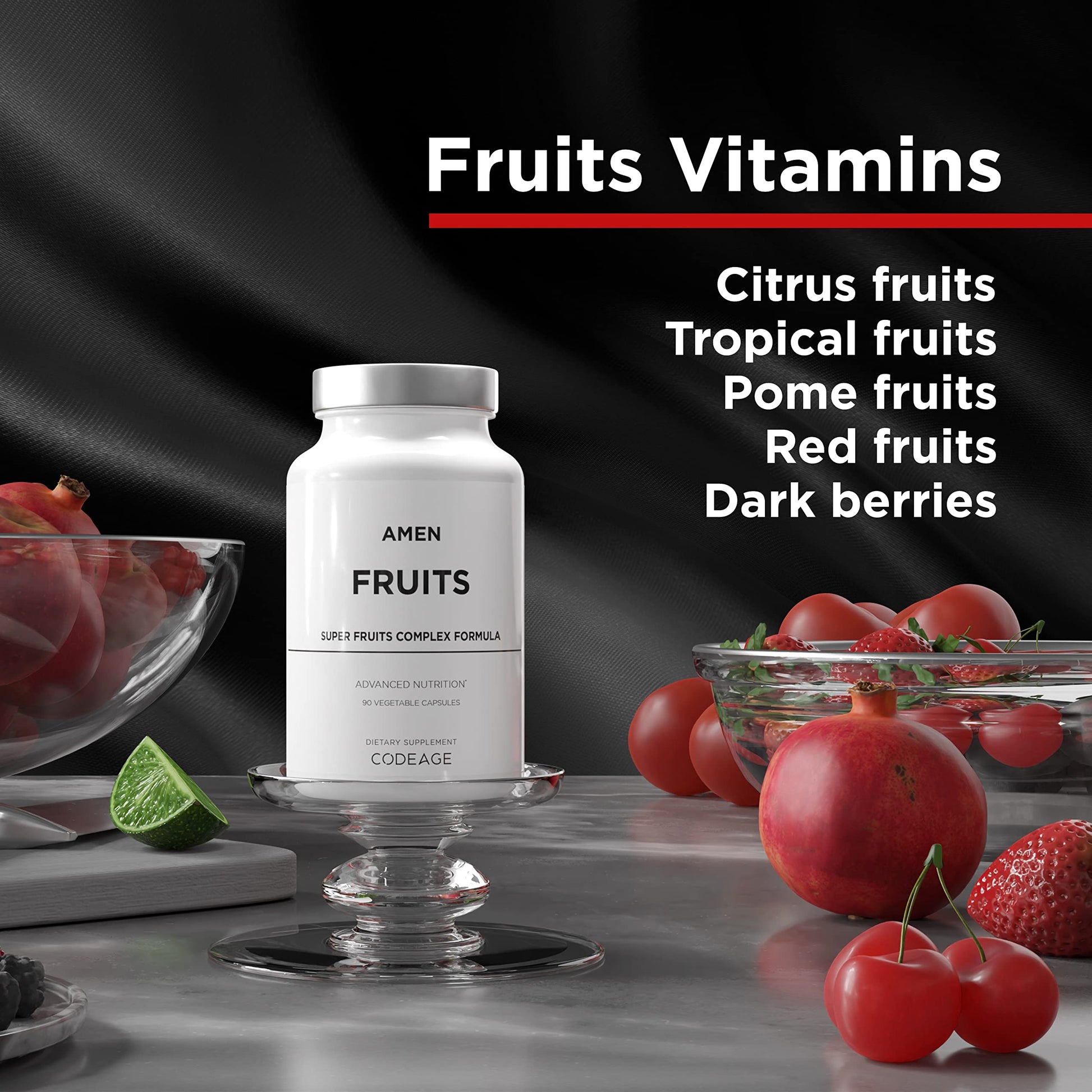 Cápsulas de vitaminas Amen Fruits con frutas en la imagen.