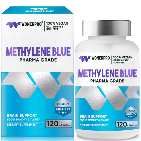 Frasco de cápsulas azul de metileno con vitamina C WONERPRO