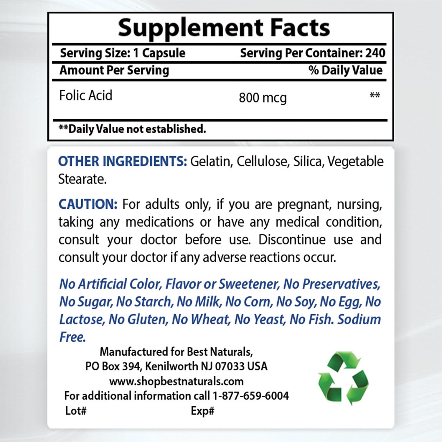 Cápsulas Best Naturals ácido fólico y vitamina b1 suplemento