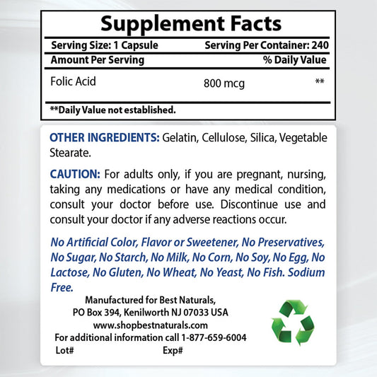 Cápsulas Best Naturals ácido fólico y vitamina b1 suplemento