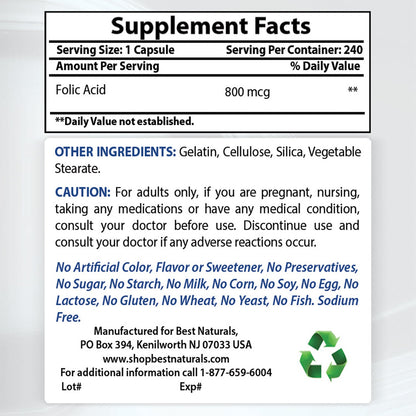 Cápsulas Best Naturals ácido fólico 800 mcg y vitamina C