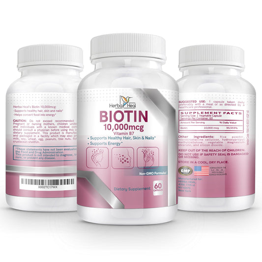 Cápsulas biotina 10000mcg HERBA HEAL en envase