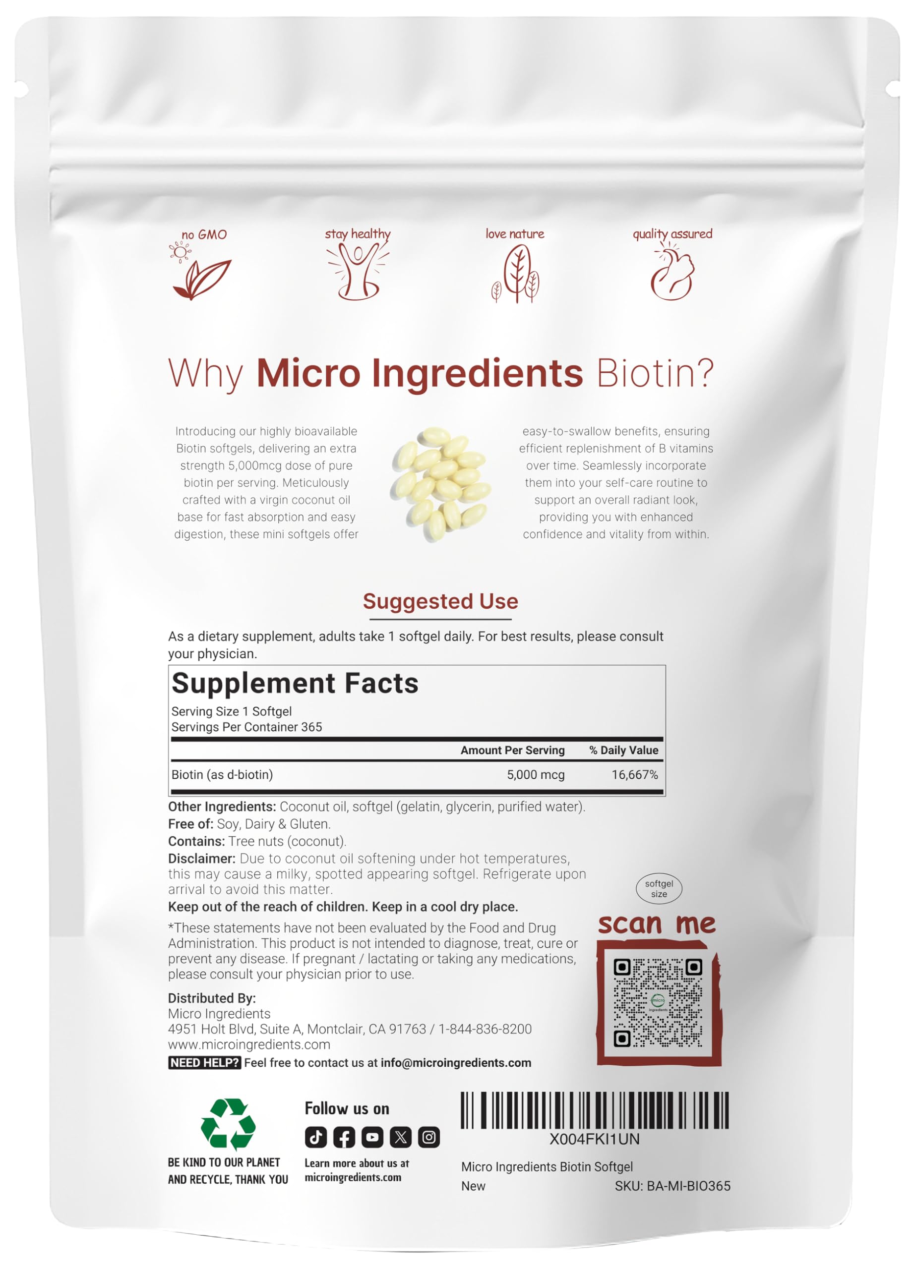 Cápsulas blandas de biotina con aceite de coco virgen Micro Ingredients