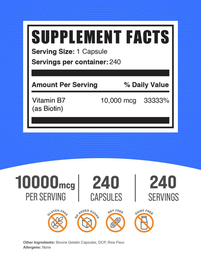Cápsulas de Biotina BulkSupplements para salud de piel y uñas