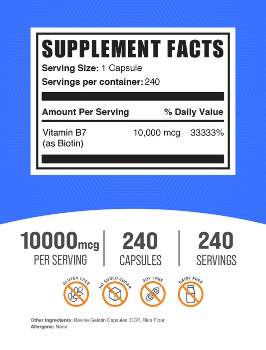 Cápsulas de Biotina BulkSupplements para salud de piel y uñas
