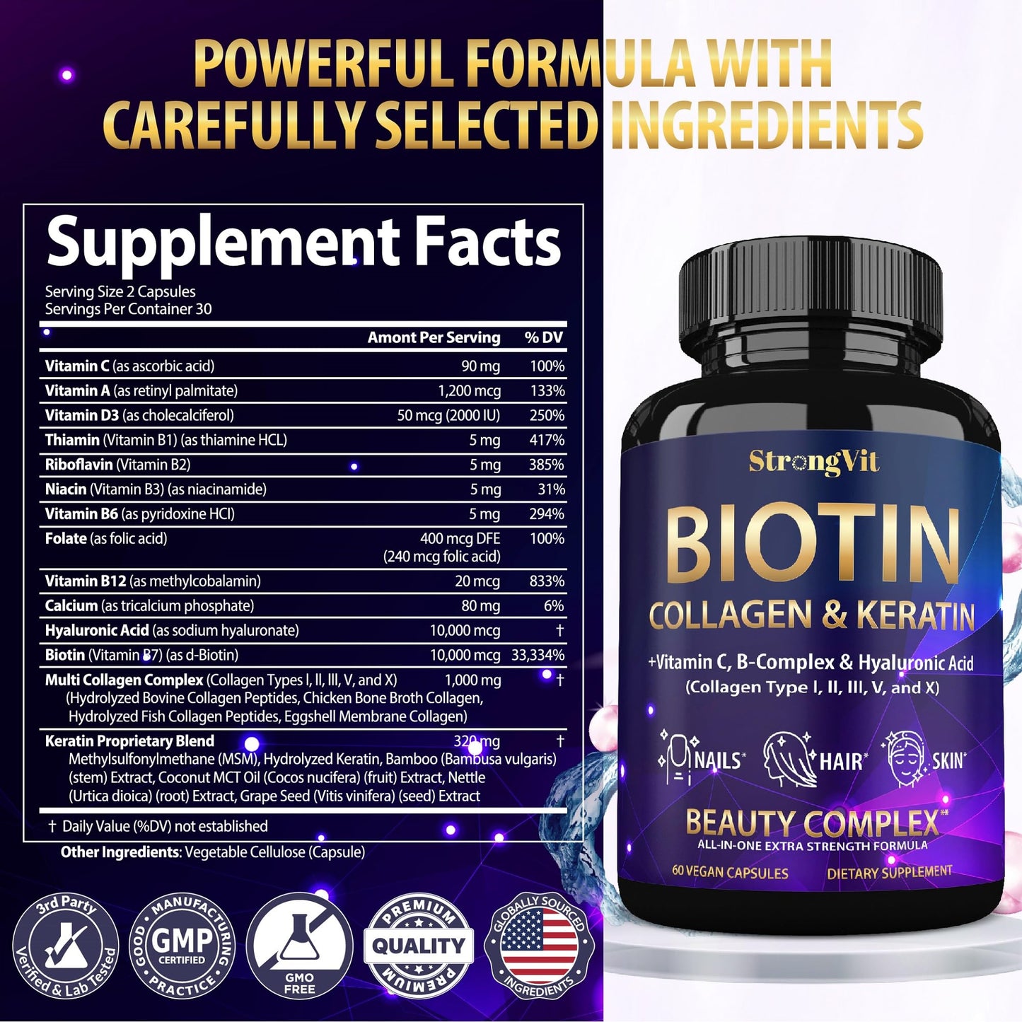 Cápsulas de biotina y colágeno para cabello y uñas.