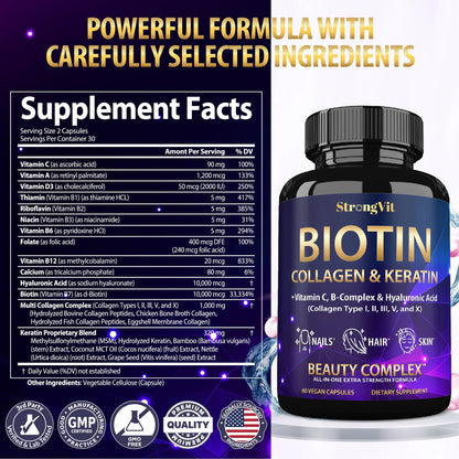 Cápsulas de biotina y colágeno para cabello y uñas.