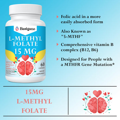 Cápsulas blancas Basigano L-metilfolato 15mg