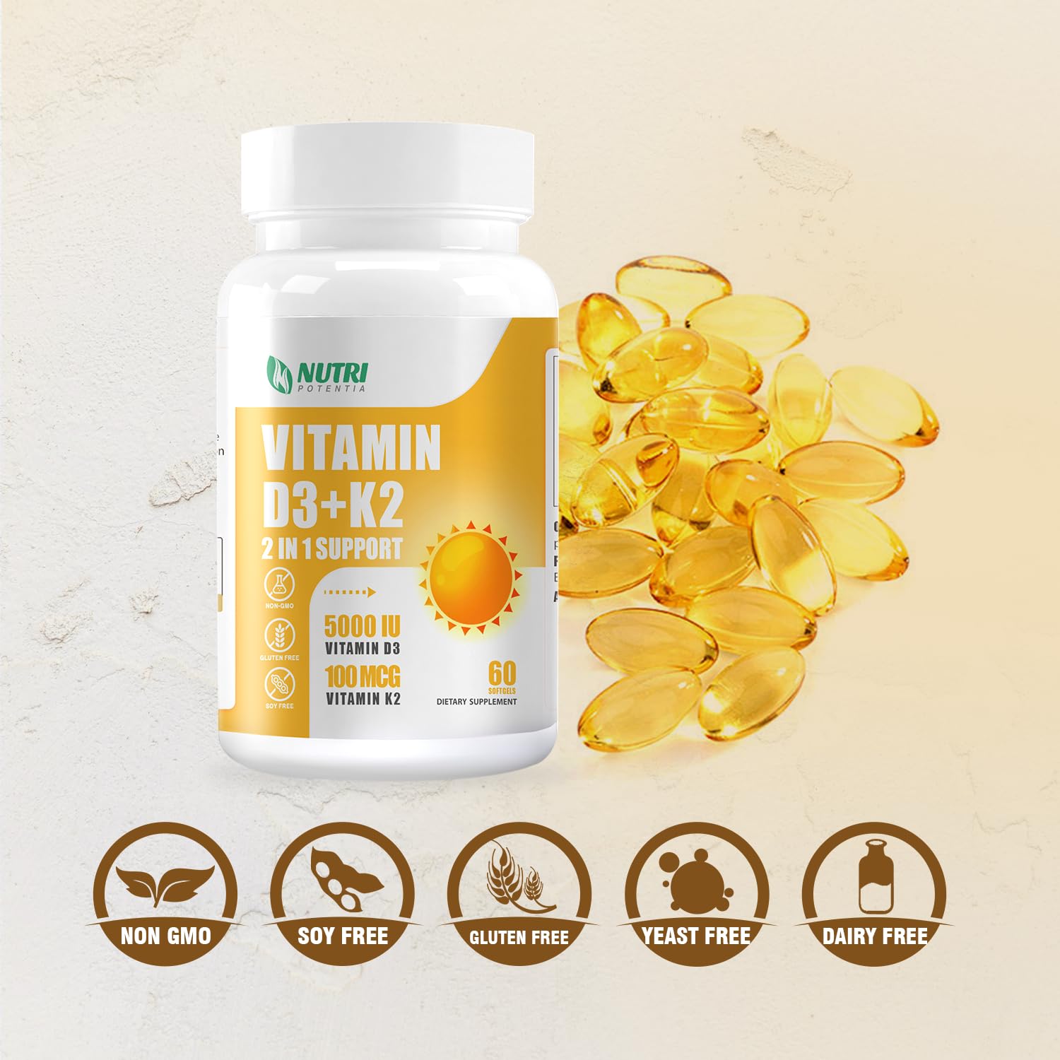 Cápsulas blandas NUTRI POTENTIA Vitamina D3 5000 IU K2 100 mcg