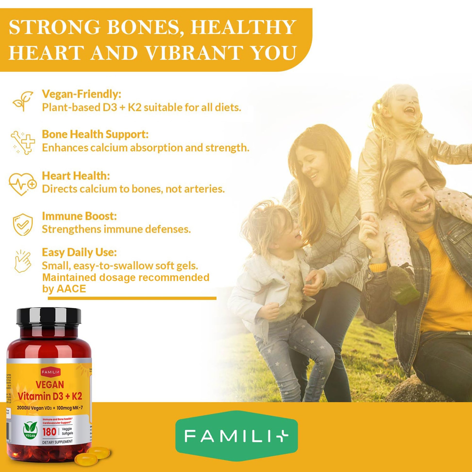 Cápsulas blandas veganas FAMILI+ Vitamina D3 y K2 con aceite MCT