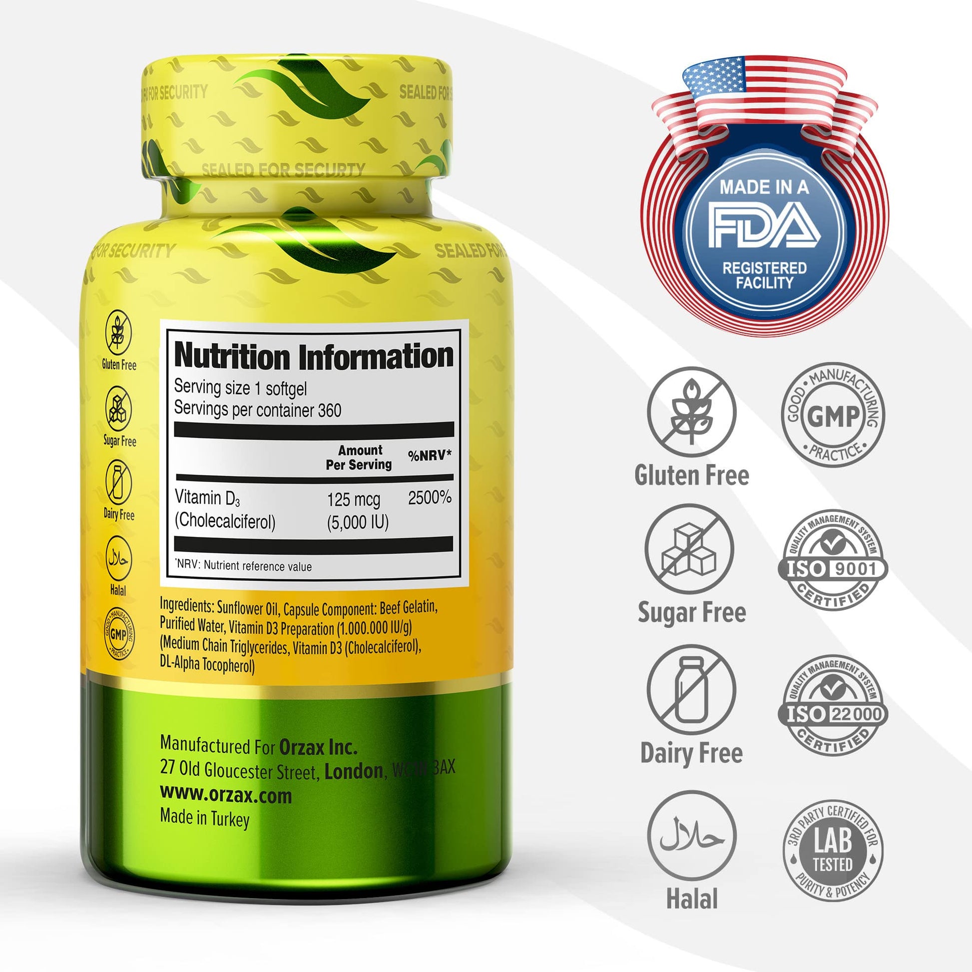 Cápsulas blandas vitamina d3 sin gluten Orzax 5000 iu
