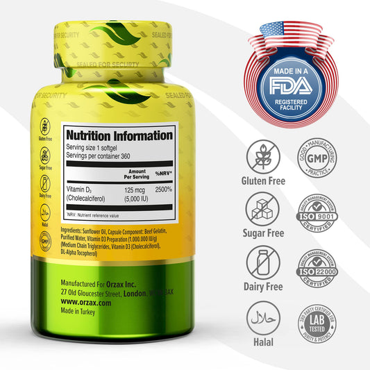 Cápsulas blandas vitamina d3 sin gluten Orzax 5000 iu