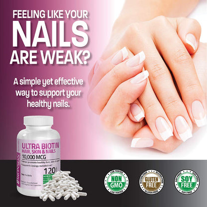 Cápsulas Bronson Ultra Biotina para cuidado capilar y uñas