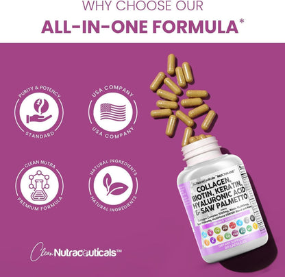 Cápsulas colágeno tipos I II III IV con biotina y bloqueador DHT Clean Nutraceuticals