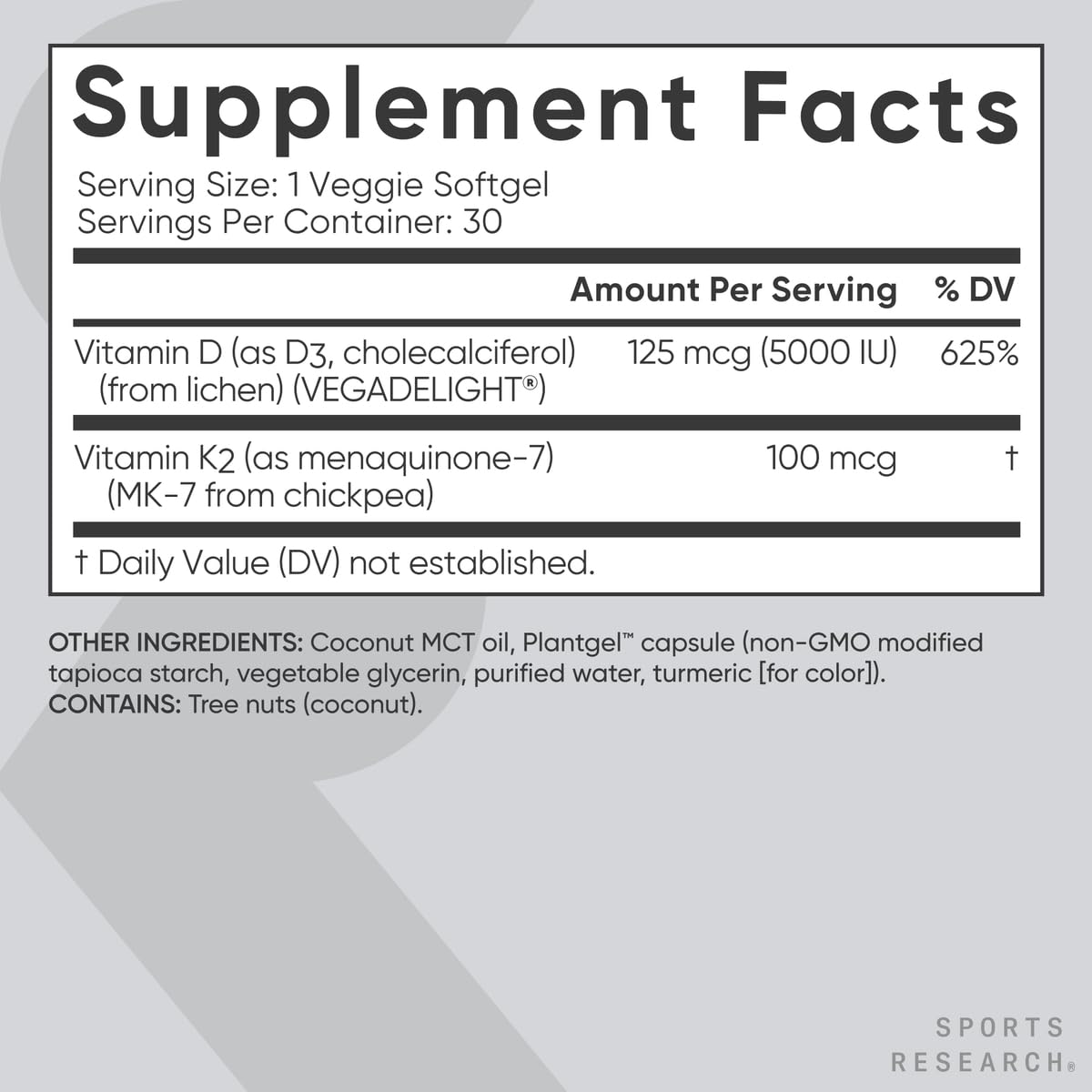 Cápsulas D3 K2 veganas Sports Research con aceite de coco