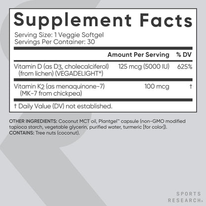 Cápsulas D3 K2 veganas Sports Research con aceite de coco