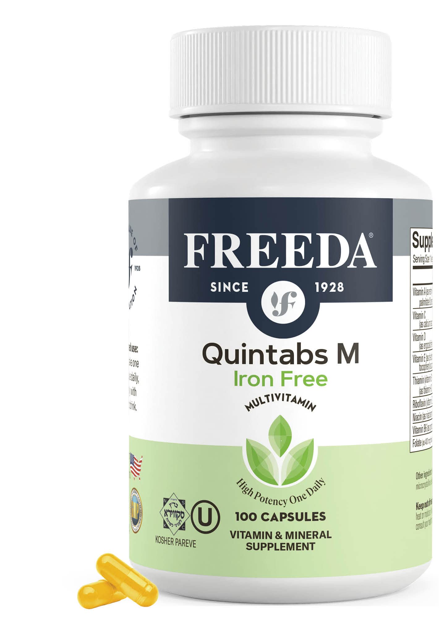 Cápsulas de FREEDA Quintabs-M al lado del frasco