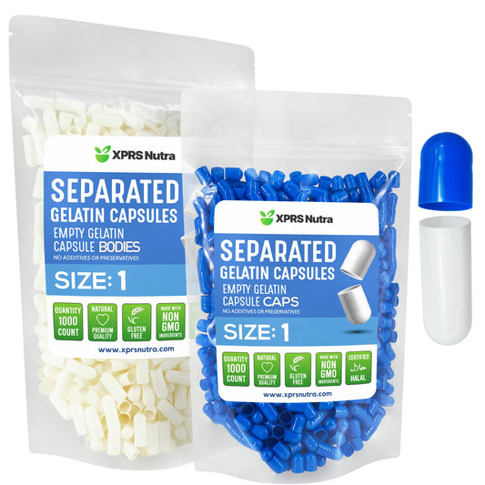 Cápsulas de gelatina tamaño 1, color azul y blanco, separadas para rellenar suplementos.
