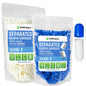 Cápsulas de gelatina tamaño 1, color azul y blanco, separadas para rellenar suplementos.