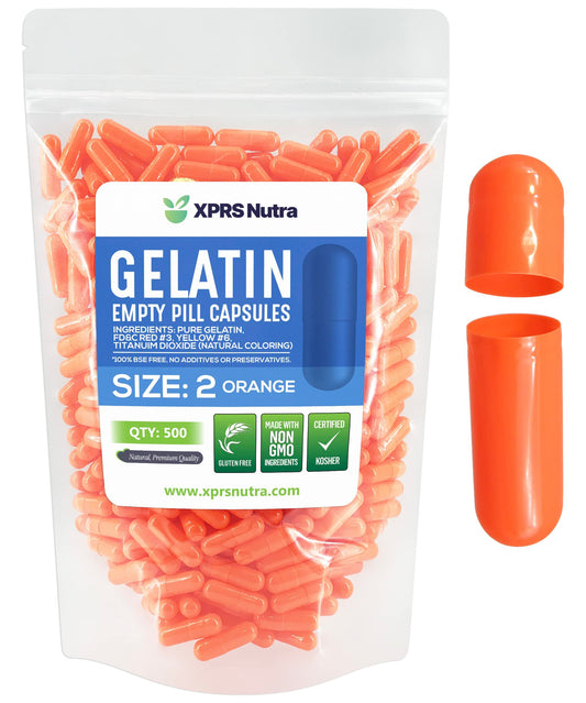 Paquete de cápsulas de gelatina tamaño 2 XPRS Nutra en color naranja.