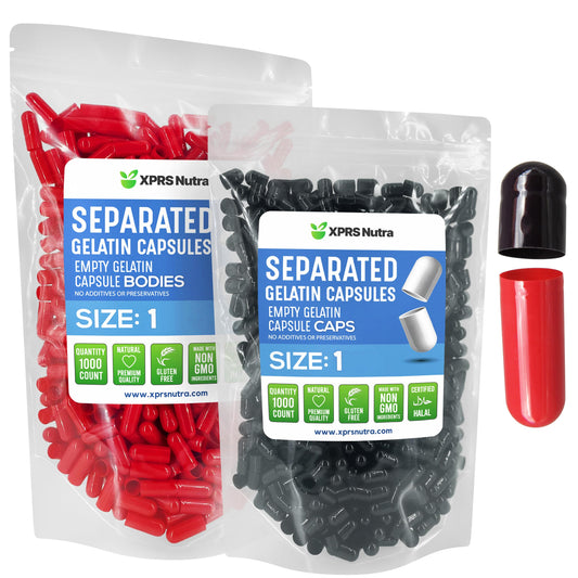 Cápsulas de gelatina negras y rojas tamaño 1 en bolsas separadas de XPRS Nutra