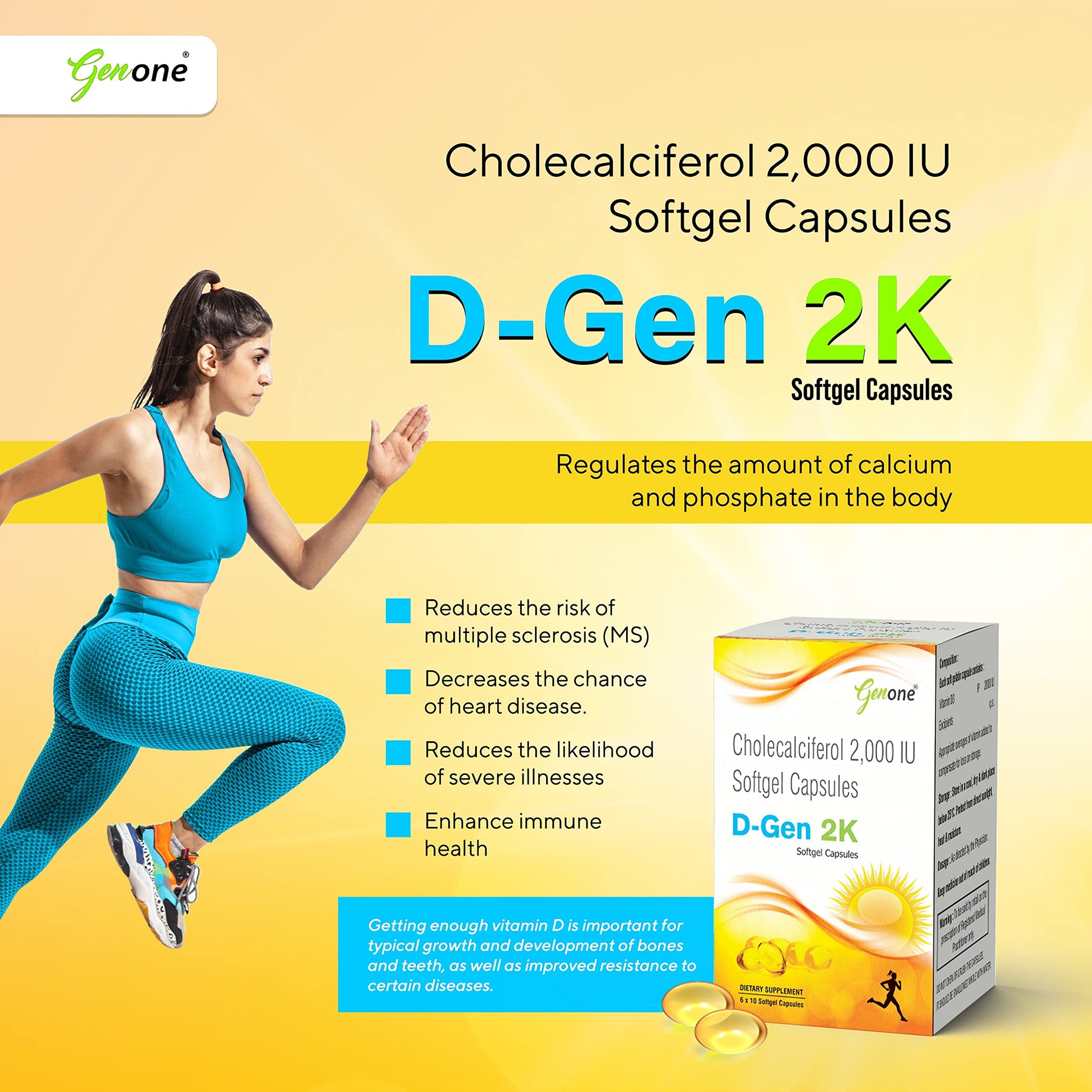 Cápsulas genone dgen 2k vitamin d3 para huesos y sistema inmune