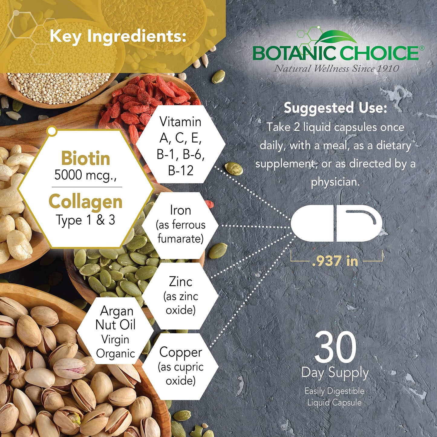 Cápsulas líquidas Botanic Choice para fortalecer cabello y uñas