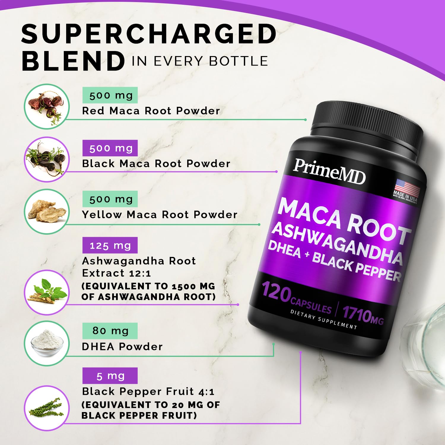 Cápsulas maca y ashwagandha PrimeMD para energía y ánimo