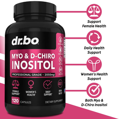 Cápsulas de suplemento de mio-inositol y d-chiro inositol en mano femenina