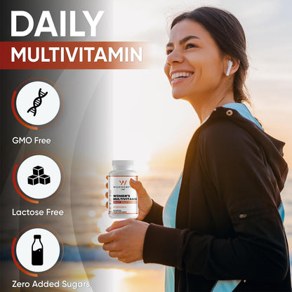 Cápsulas de multivitaminas para mujer Wunderfit Labs en mesa