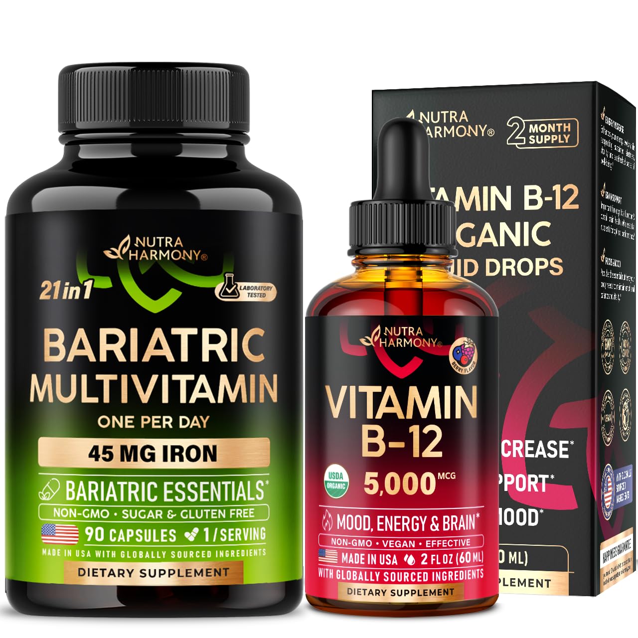 Cápsulas multivitamínicas bariátricas Nutraharmony y gotas de vitamina B12 orgánica