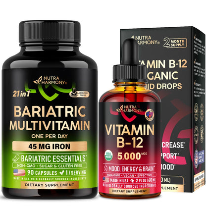 Cápsulas multivitamínicas bariátricas Nutraharmony y gotas de vitamina B12 orgánica