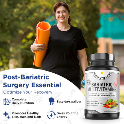 Cápsulas de multivitamínico bariátrico mostradas en fondo colorido.
