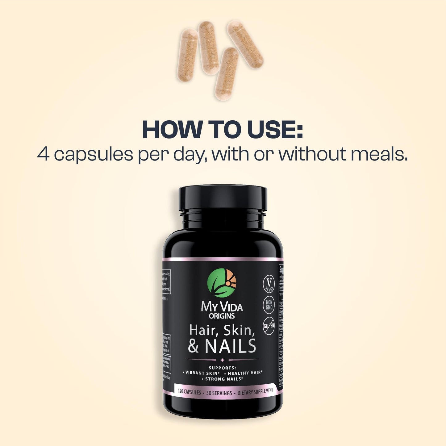 Cápsulas My Vida Origins con zinc biotina vitaminas para belleza