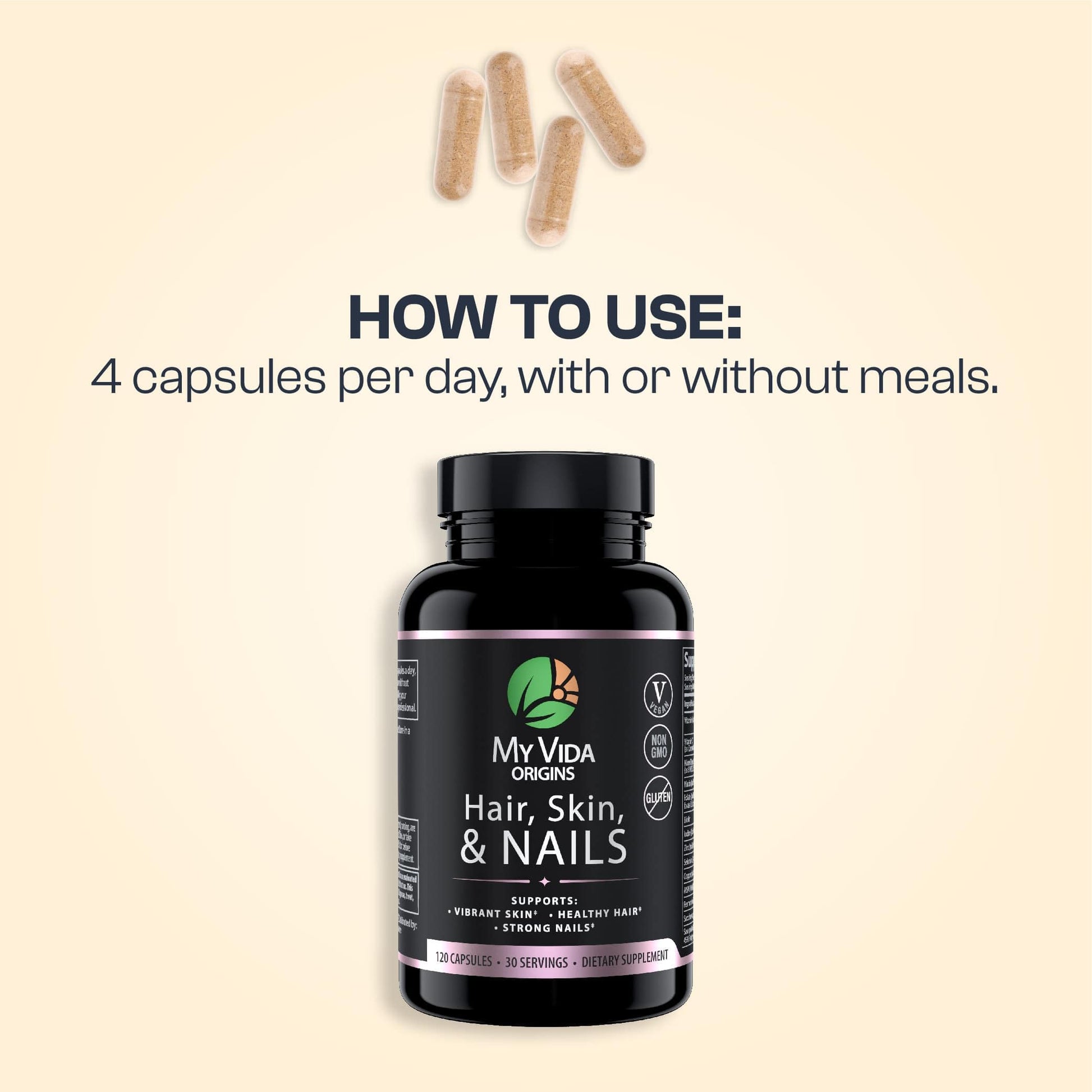 Cápsulas My Vida Origins con zinc biotina vitaminas para belleza