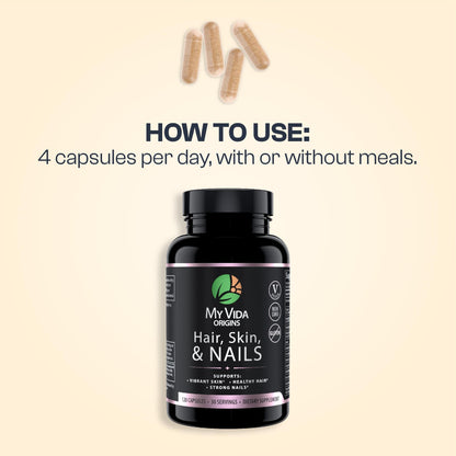 Cápsulas My Vida Origins con zinc biotina vitaminas para belleza