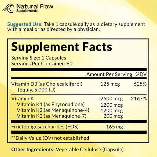 Cápsulas Natural Flow vitamina D3 K2 K1 para huesos y corazón 60 unidades