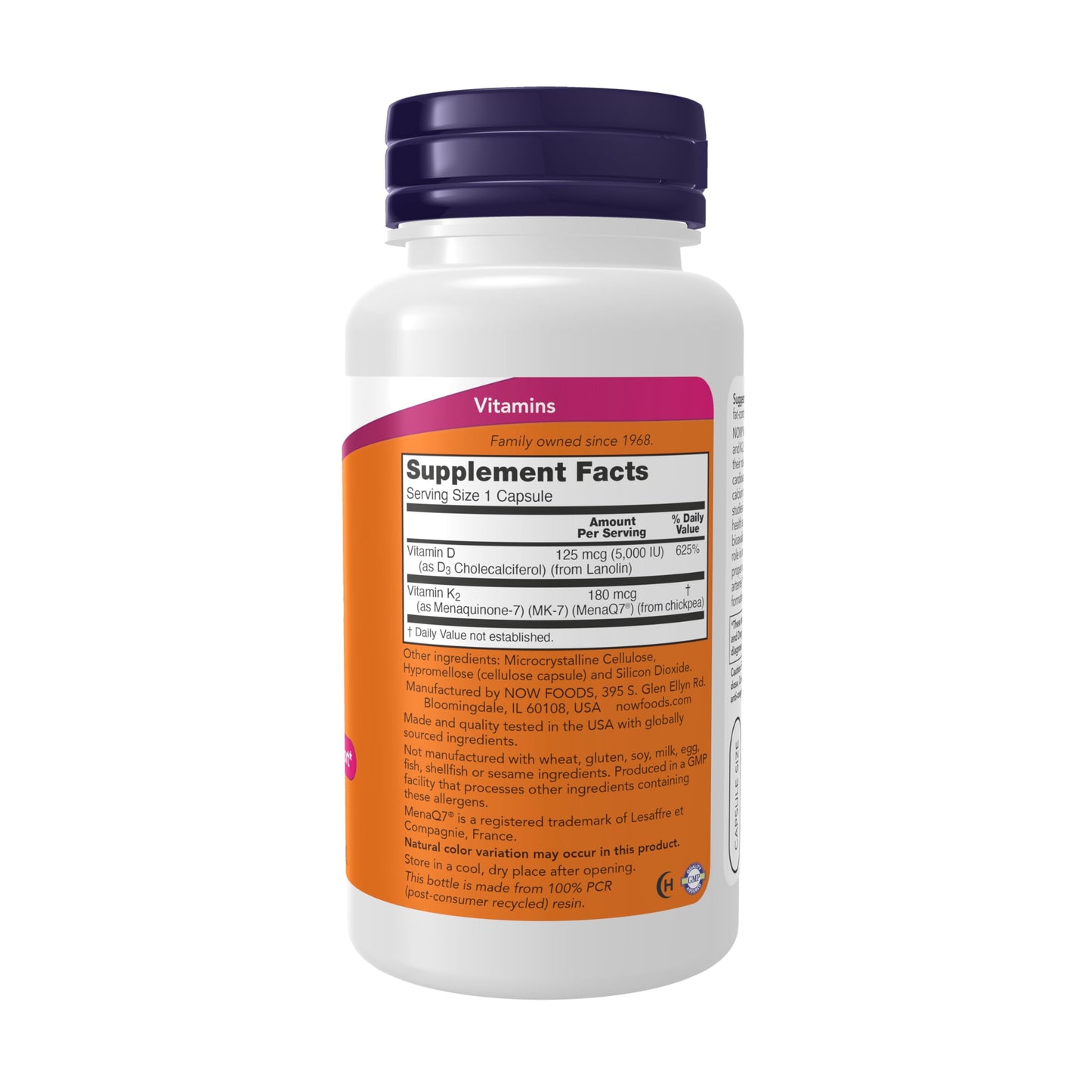 Cápsulas NOW vitaminas D-3 y K-2 MenaQ7 apoyo huesos y arterias