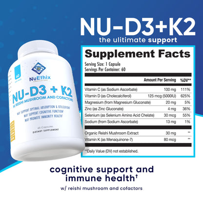 Cápsulas NuEthix vitamina d3 k2 sin gluten y vegetarianas