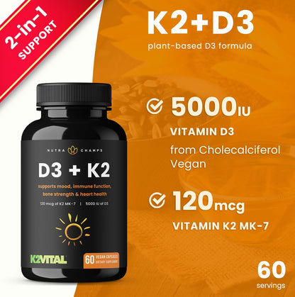 Cápsulas NutraChamps D3 K2 MK7 para salud ósea y corazón
