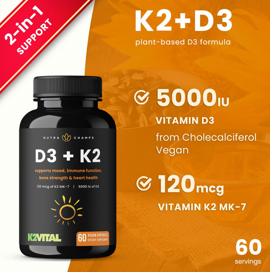 Cápsulas NutraChamps D3 K2 MK7 para salud ósea y corazón