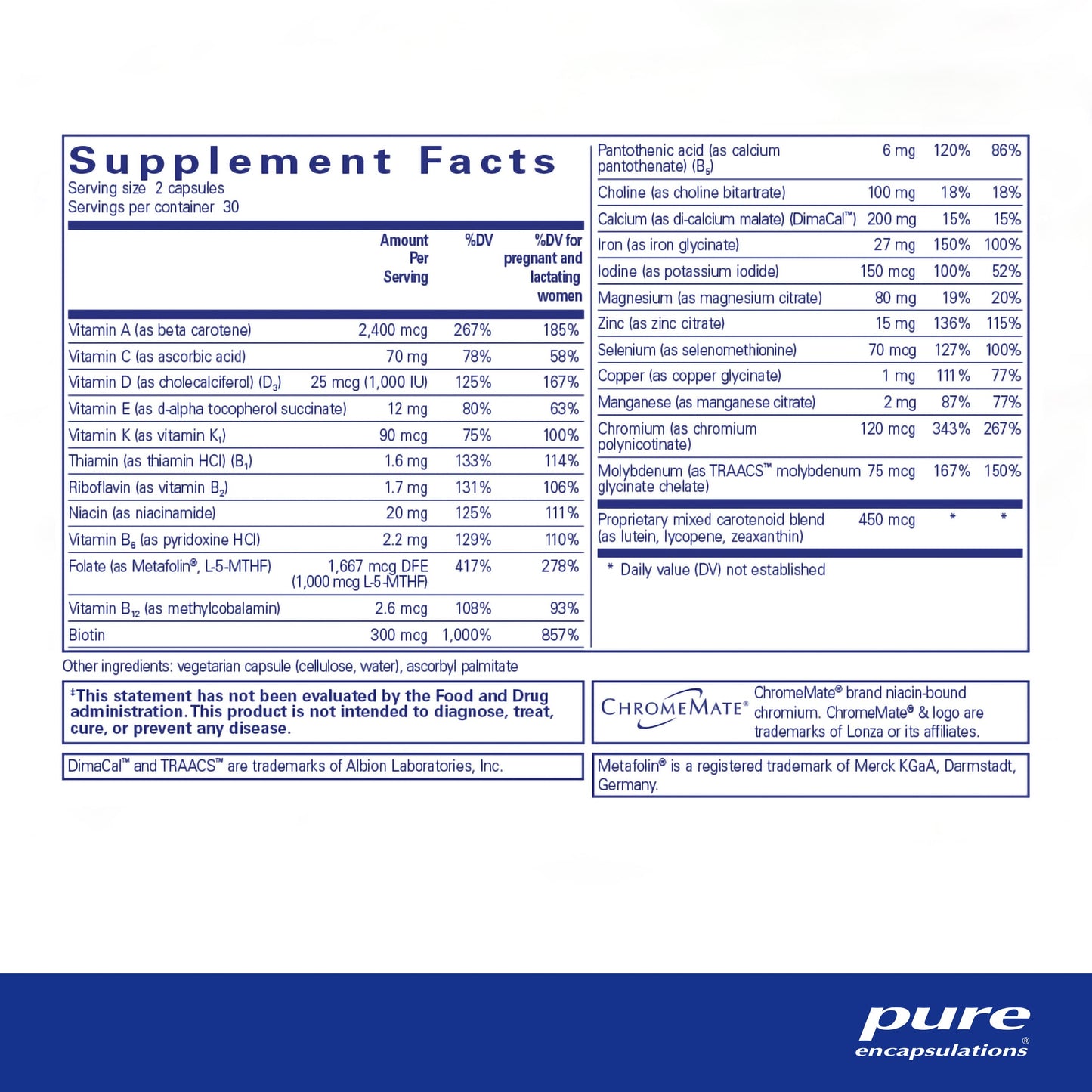 Cápsulas de nutrientes prenatales Pure Encapsulations