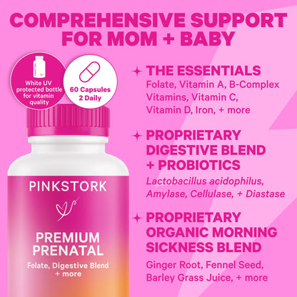Cápsulas Pink Stork Premium Prenatal con probióticos y omega 3 para embarazo