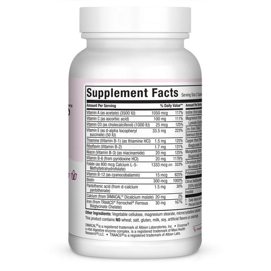 Cápsulas prenatales Maxi Health frasco lateral etiquetas ingredientes