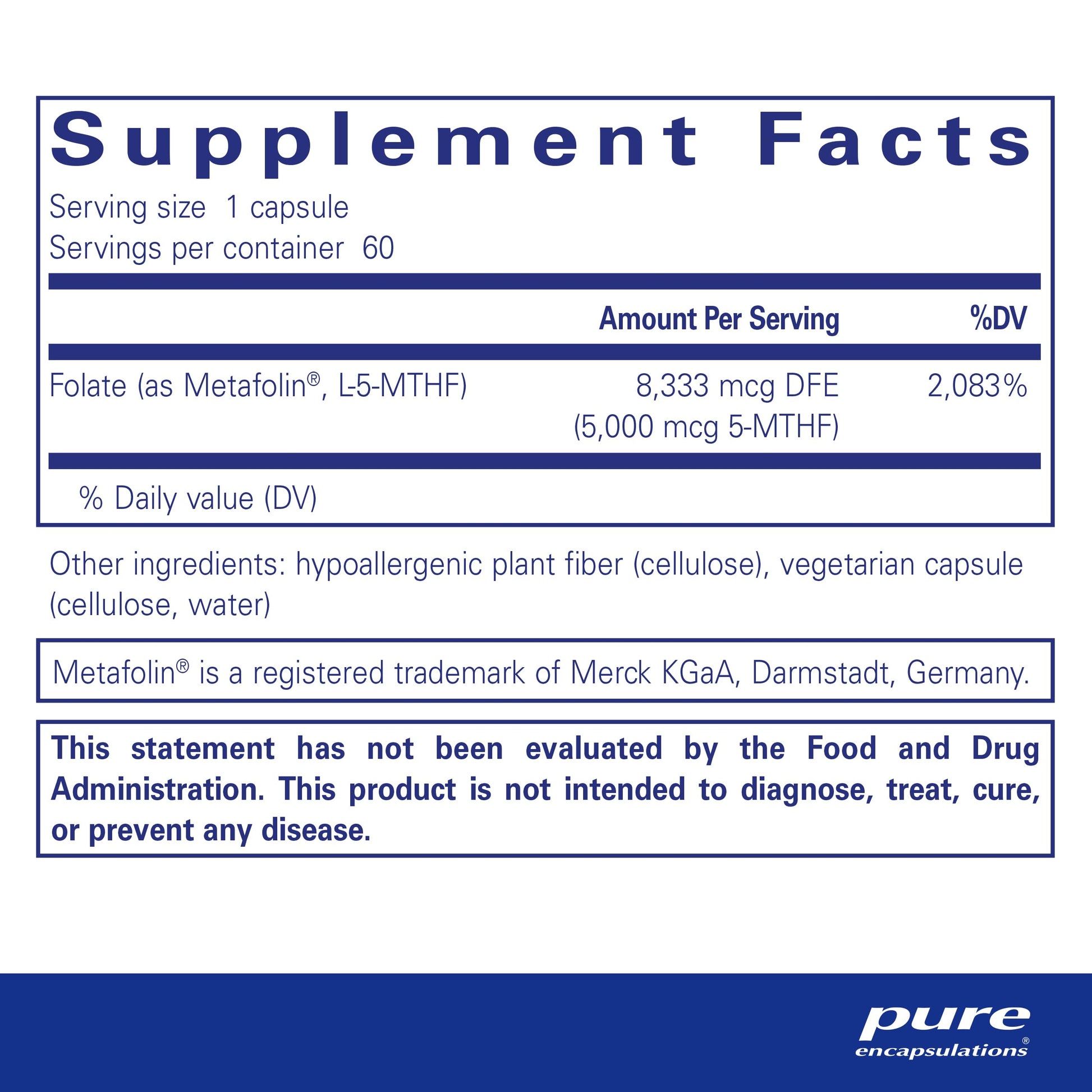 Cápsulas Pure Encapsulations folato vitamina B9 activada 60 unidades