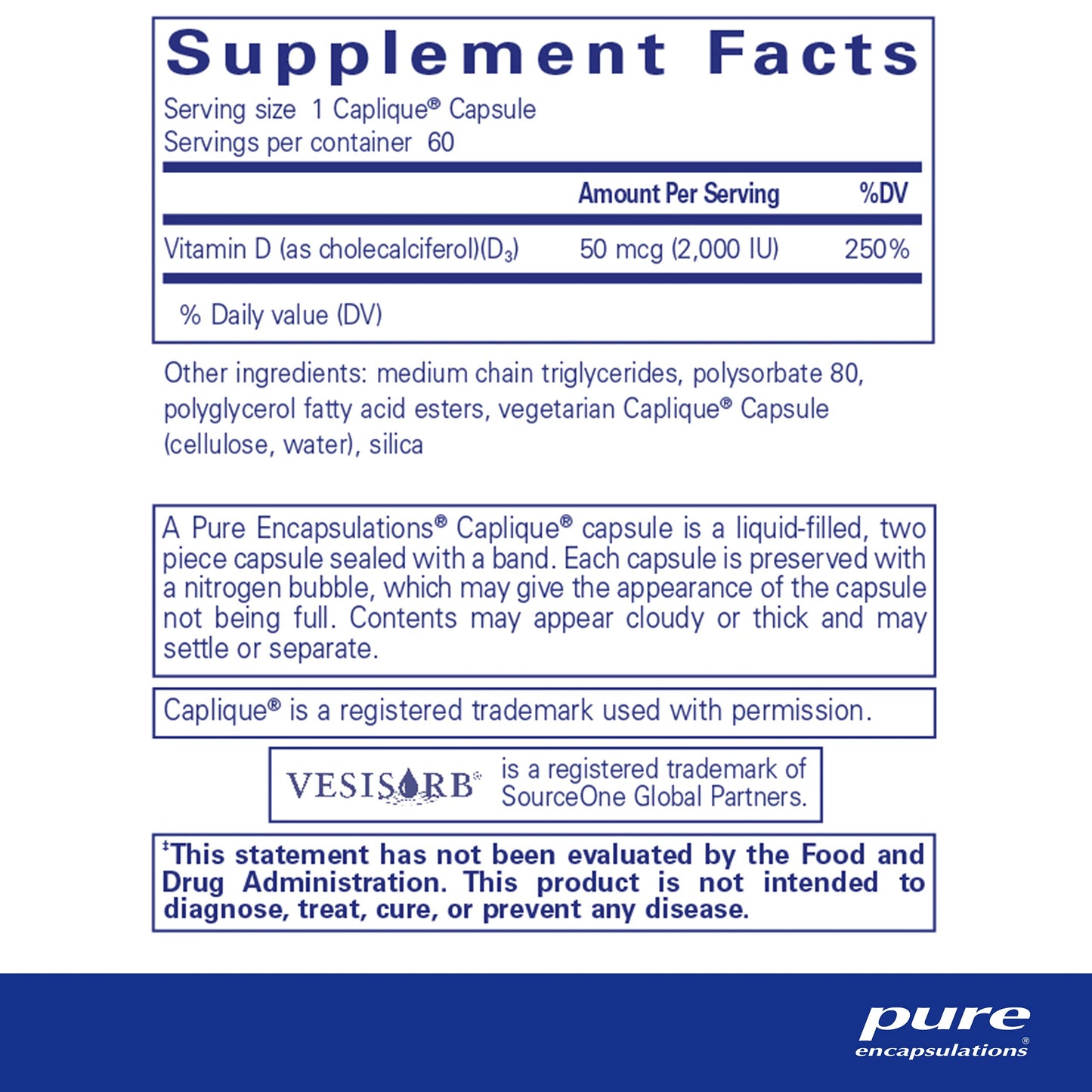 Cápsulas Pure Encapsulations Vitamina D3 para salud inmune