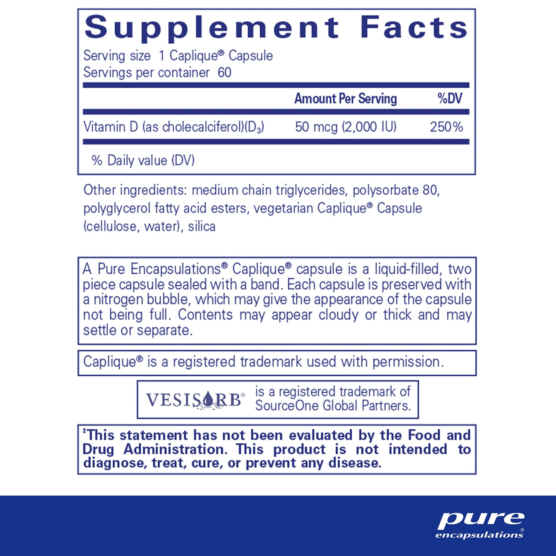 Cápsulas Pure Encapsulations Vitamina D3 para salud inmune