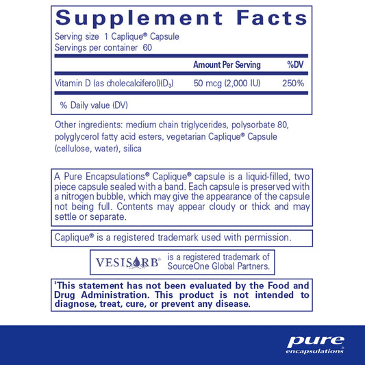 Cápsulas Pure Encapsulations Vitamina D3 para salud inmune