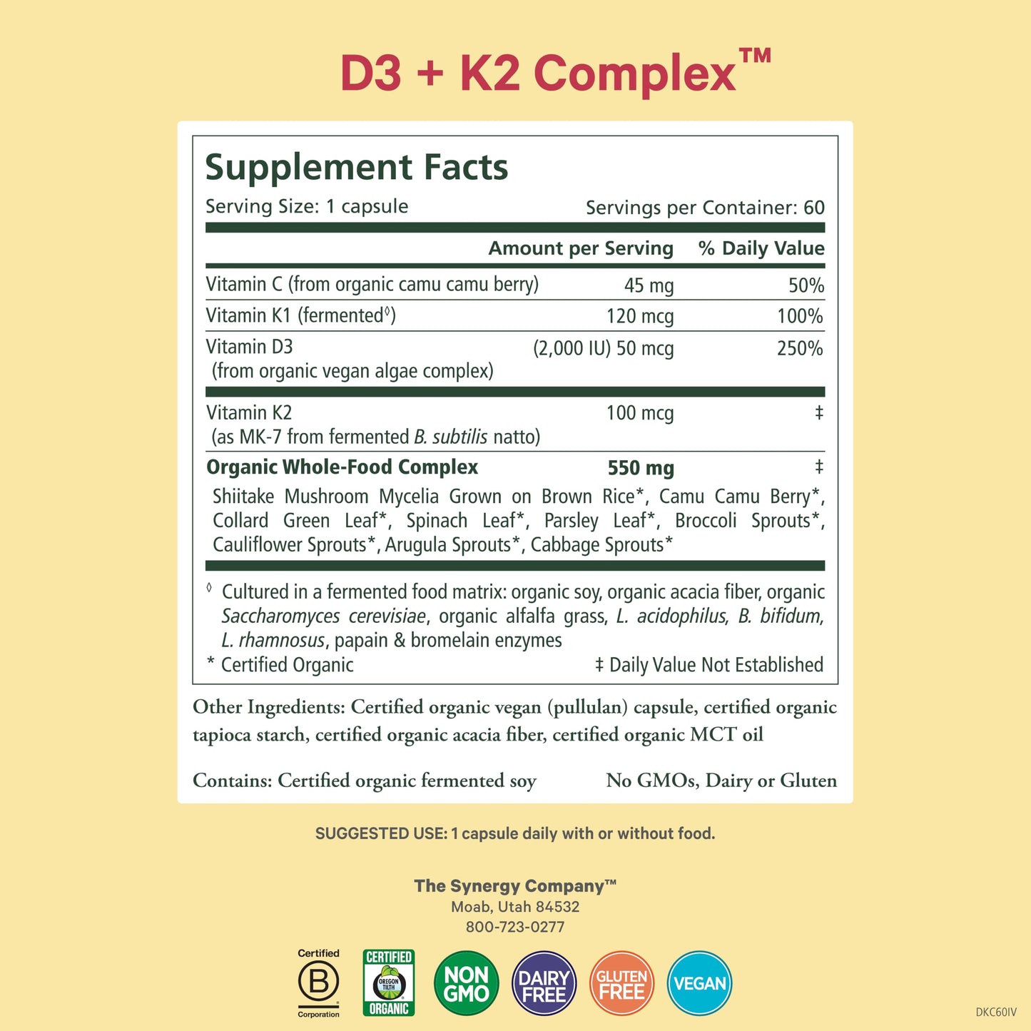 Cápsulas PURE SYNERGY D3 y K2 veganas complejo para huesos saludables